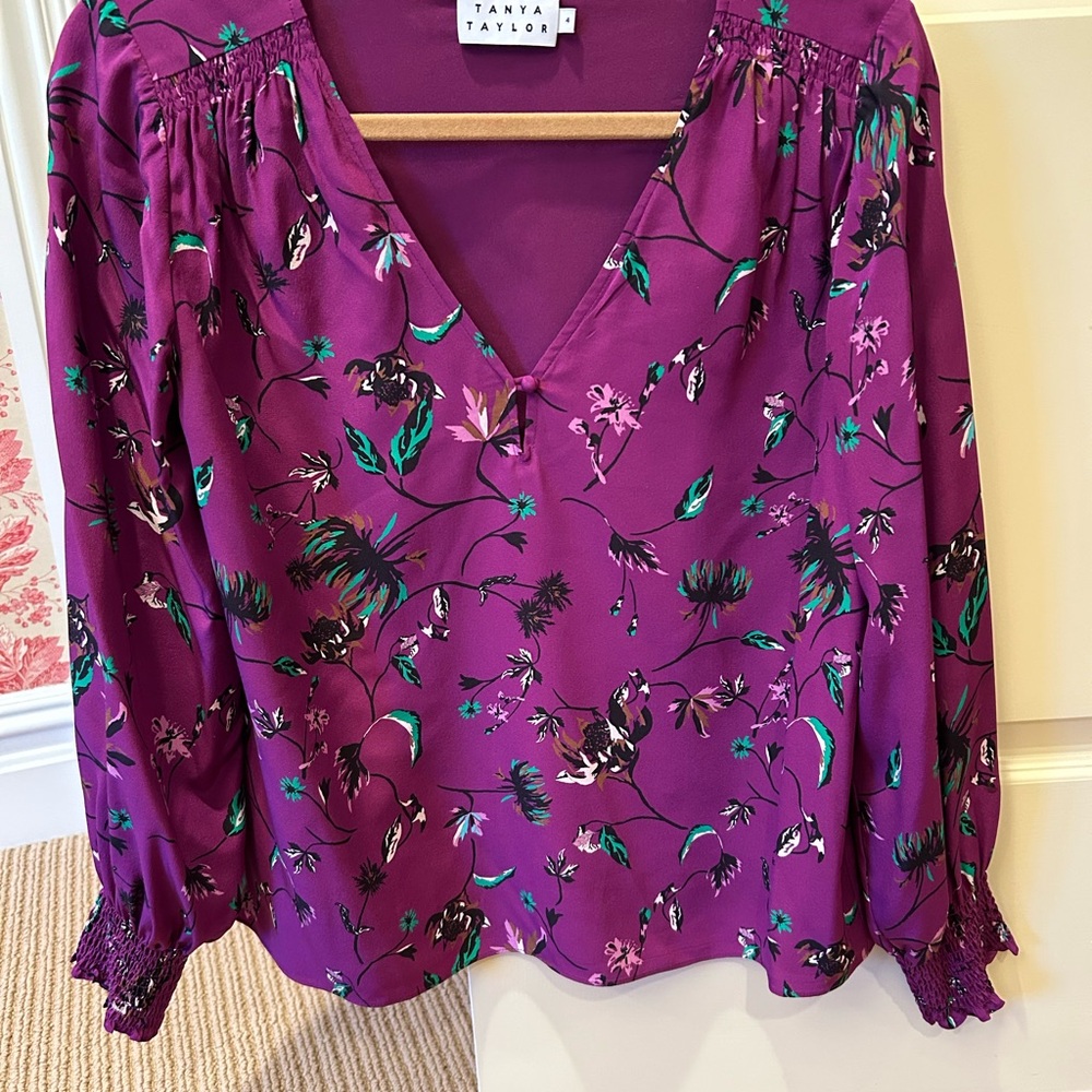 Tanya Taylor Purple Puff Sleeve Ruffled Blouse